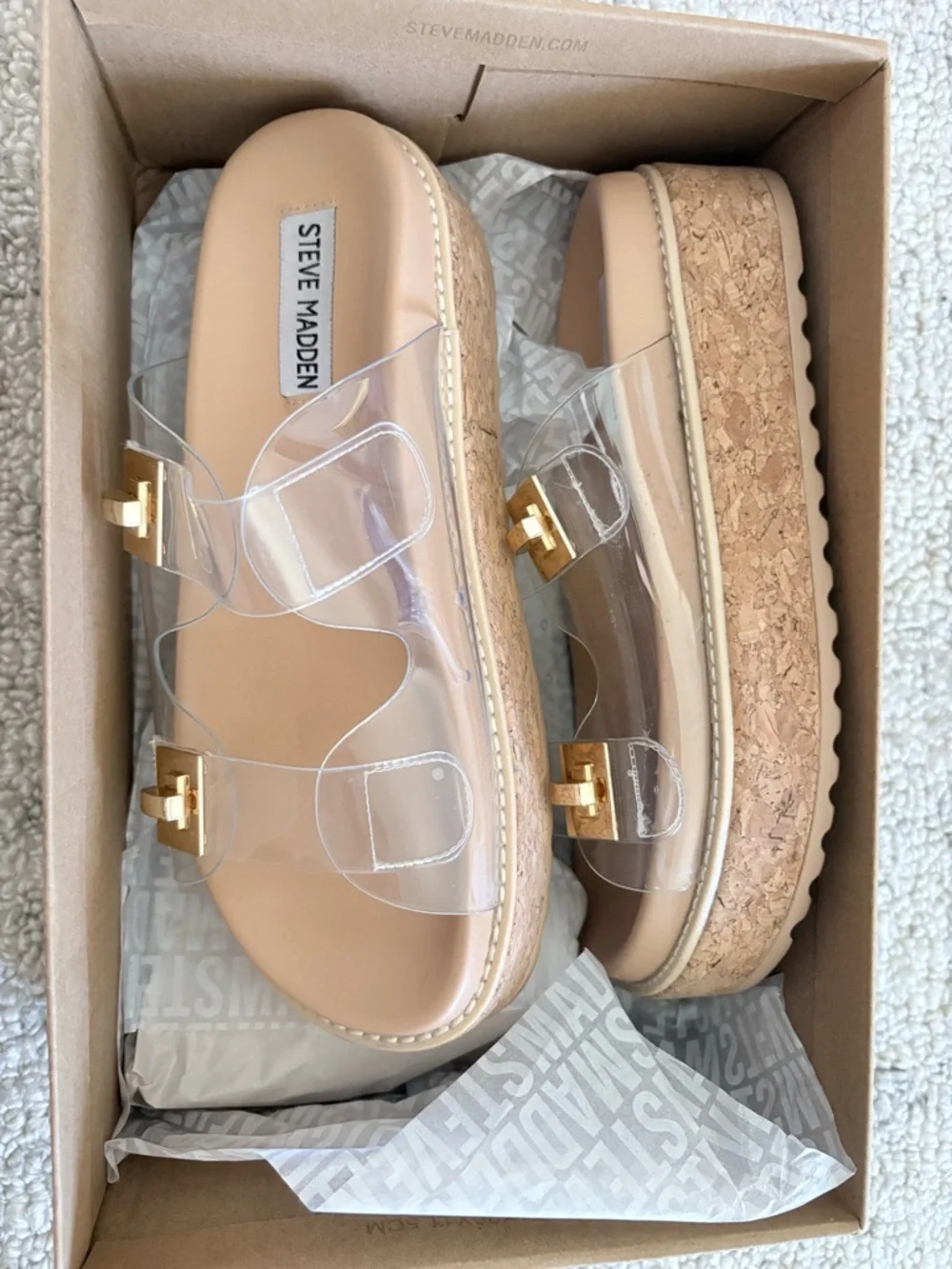 Steve Madden Clear Double-Strap Cork Platform Sandals - Nude/Gold